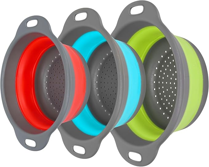 Collapsible Silicone Colander Set 3-Piece - Space-Saving Kitchen Strainer for Pasta & Spaghetti, Fruit & Veggies, Dishwasher Safe, Multi-Color Sizes for Camping, RV & Small Kitchens