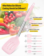 Pack of 4 Silicone Cooking Utensils Set, Non Stick Large Solid Spatulas, Heat Resistant Pink Slotted Spoons, Ideal BPA Free Kitchen Turners for Frying, Mixing,Serving,Draining,Turning,Stirring