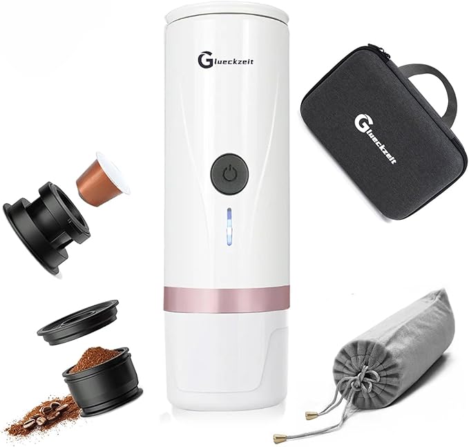 Portable Electric Espresso Machine, Car Travel Self-Heating Electric Coffee Maker for Camping with Type-C, Suitable for ground coffee and Ns capsules for RV, Hiking, Office Spring Travel White Heating