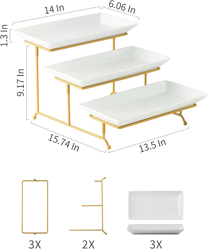 Gomakren 3 Tier Serving Stand with Porcelain Serving Platter Tray - Collapsible Gold Stand with 3 Piece Large14 Inch White Plates for Food Presentation Dessert Server Display and Entertaining