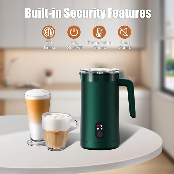 Milk Frother, 4-in-1 Milk Frother and Steamer, 13.5oz/400ml Automatic Hot and Cold Foam Maker and Milk Warmer, Electric Frother for Coffee, Latte, Cappuccino, Macchiato, Matcha(Forest Green)