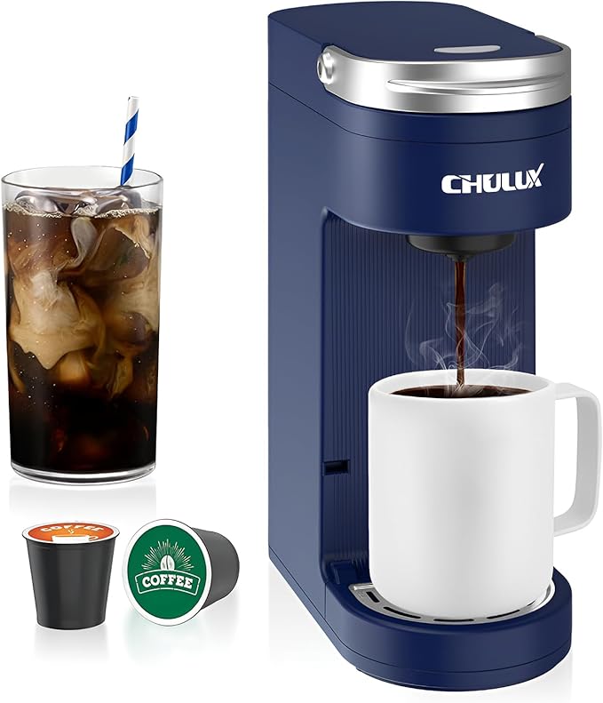 CHULUX Slim Single Serve Coffee Maker for K Pods, One Cup Coffee Maker Fits 7.3" Travel Mugs, Coffee Machine with 6 to 12oz Brew Sizes, Navy Blue