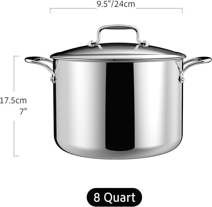 8 Quart Stainless Steel Stock Pot With Lid, 5 Ply Stainless Clad Cookware, Induction Compatible