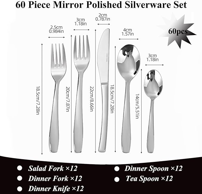 60 Piece Silverware Set,Stainless Steel Flatware Set for 12,18/0 Rust-Proof Cutlery Set with Forks & Spoons,Mirror Polished Dishwasher Safe - Heavy Duty Tableware for Home & Dining
