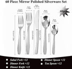60 Piece Silverware Set,Stainless Steel Flatware Set for 12,18/0 Rust-Proof Cutlery Set with Forks & Spoons,Mirror Polished Dishwasher Safe - Heavy Duty Tableware for Home & Dining