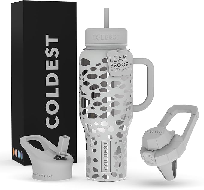 Coldest Tumbler with Handle and Straw, 100% Leak Proof Insulated Tumbler with Lid and Straw (3 Lids), Stainless Steel Tumblers for Women & Men, Cup Holder Friendly, 36 oz (Silver Leopard)