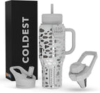 Coldest Tumbler with Handle and Straw, 100% Leak Proof Insulated Tumbler with Lid and Straw (3 Lids), Stainless Steel Tumblers for Women & Men, Cup Holder Friendly, 36 oz (Silver Leopard)