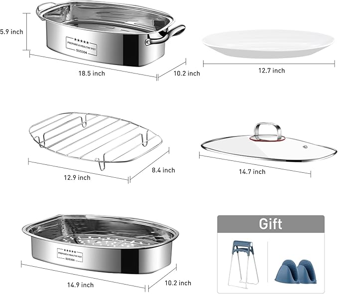 Eglaf 2-Tier Stainless Steel Fish Steamer - Multi-Use Square Steaming Cookware with Rack, Ceramic Plate, Chuck, Oven Mitts - Stockpot for Steaming Fish, Boiling Soup