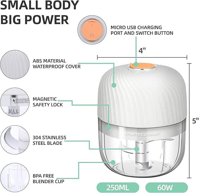 Electric Garlic Chopper, Mini Portable Veggie Chopper, 250ML Garlic Grinder Masher Onion Chopper, Blender to Vegetable, Wireless Food Processor for Ginger, Chili, Fruit, Meat, etc