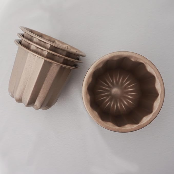 Set of 4 Nonstick Canele Molds, Mini Lace Canele Mold, Individual Washable Carbon Steel Canelle Pastry Molds, Popover Muffin Cupcake Pans for Oven Baking - 2.8 Inch, Gold