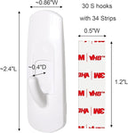 30 Medium Hooks for Hanging, 34 Adhesive Wall Strips no Damage Heavy Duty, Sticky Utility for Door，Key，Bathroom Towel，Coat