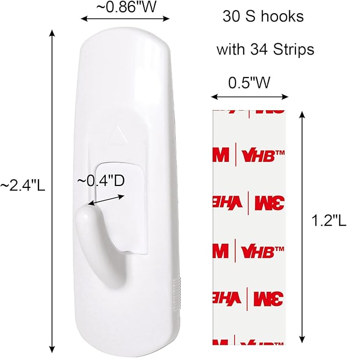 30 Medium Hooks for Hanging, 34 Adhesive Wall Strips no Damage Heavy Duty, Sticky Utility for Door，Key，Bathroom Towel，Coat