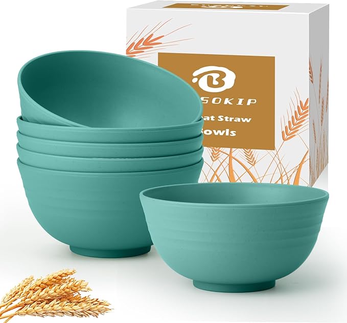 Wheat Straw Bowls Set of 6, Unbreakable Plastic Bowls, Microwave and Dishwasher Safe Serving Bowl for Dinner, Breakfast, Snack, Cereal Bowl for Kitchen, Camping, Outdoor (Green, 26 OZ)