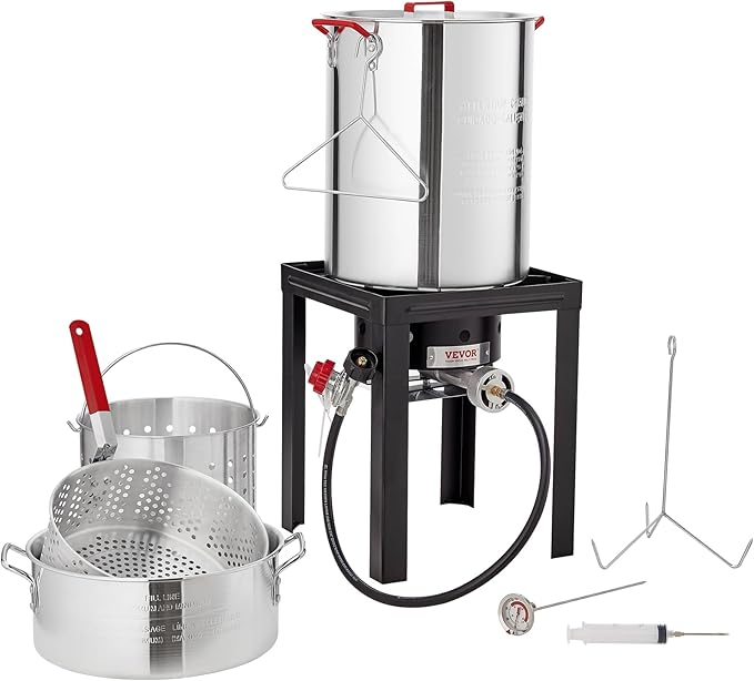 VEVOR Turkey Deep Fryer, 30-qt Turkey & 10-qt Outdoor Aluminum Seafood Boiling Kit, Fish Steamer Cooker Set, 54,000 BTU Burner Propane Gas Boiler, Gifts for Thanksgiving Day