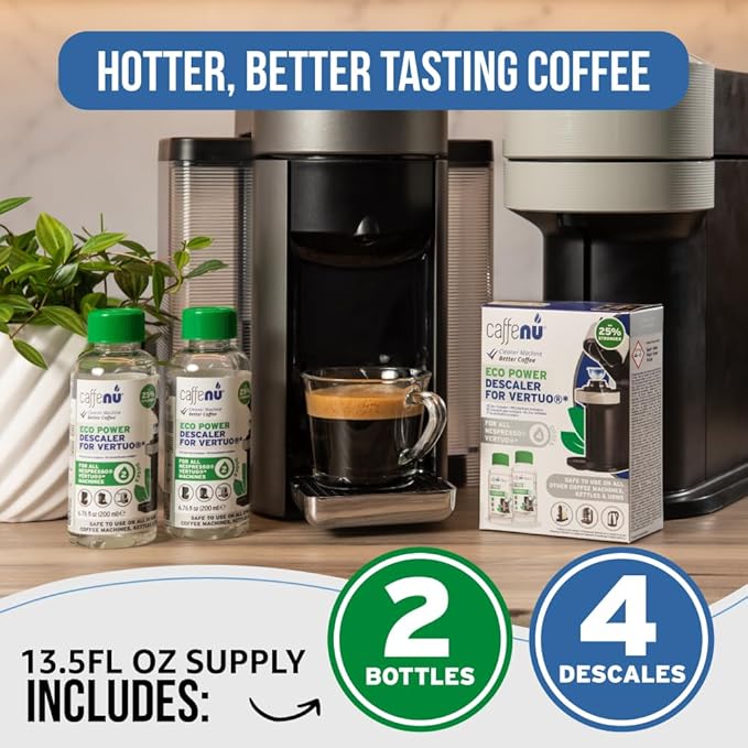 Nespresso Compatible Descaling Kit. 2 Bottles of Vertuo Descaler Solution. Removes Limescale For Hotter Coffee. 4 Uses Descaler For Nespresso Vertuo Coffee Machines.