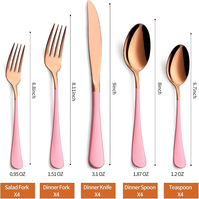 20 Piece Rose Gold Pink 18/0 Flatware Utensil Set for 4, Include Dinner Knife,Dinner Forks,Dinner Spoons,Salad Forks,Teaspoons,Silverware Set for 4, Dishwasher Safe