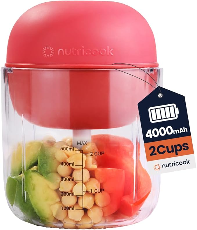 Choppi Cordless Electric Vegetable Chopper & Mini Food Processor for Dicing, Shredding, Mincing, and Puree, Portable and Rechargeable, 2-Cup, 500 mL, 4000 mAh Battery, Cherry Red