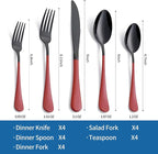 20-Piece Red Silverware Set 18/0 Stainless Steel Black Silverware Set Red Handle Cutlery Black Set Service for 4 Dinner Knives Forks Spoons Set Black Flatware SetFinish Dishwasher Safe