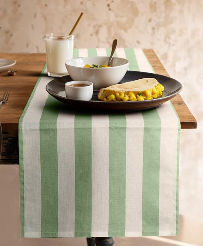 Folkulture Table Runner | Fall Table Runners 108 inches Long | Striped Boho Table Runners for Farmhouse Decor or Table Decorations for Party | White and Green Table Runner for Fall Decor