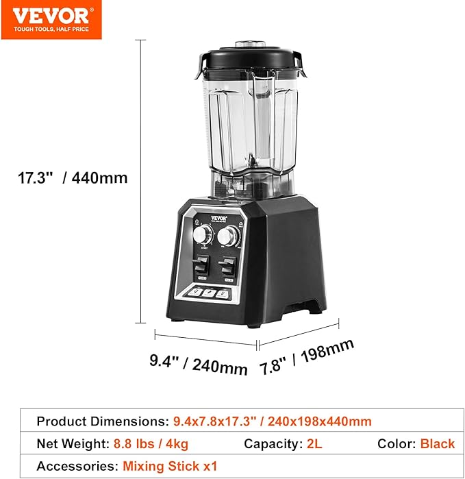 VEVOR Professional Blender, Commercial Countertop Blenders, 68 oz Jar Blender Combo, Stainless Steel 3 Functions, for Frozen Drinks, Shakes, Smoothies, Peree, and Crush Ice, Black