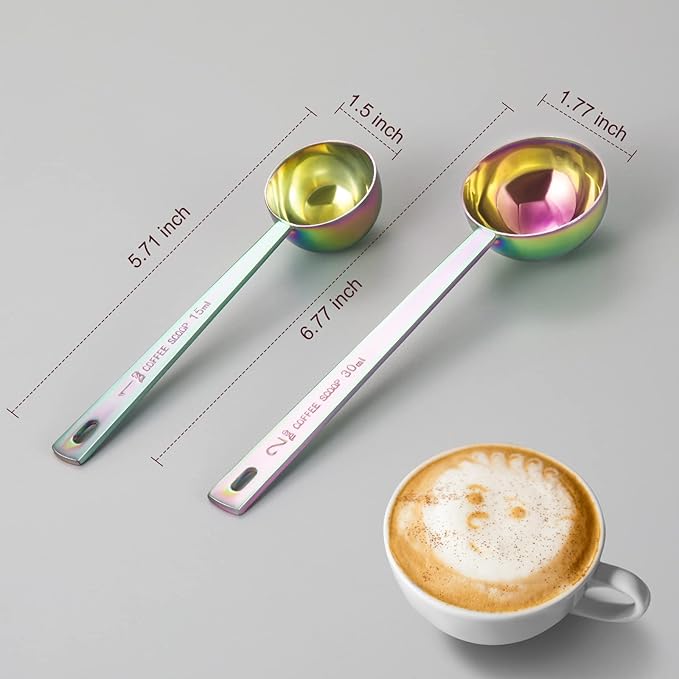 Premium coffee scoop set, set of 2, Metal stainless steel long handle coffee scoop, measuring coffee spoons contains 1 tablespoon (15 ml) and 2 tablespoons (30 ml) multicolor spoon
