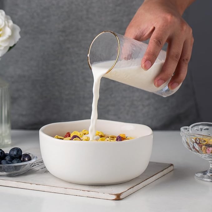 AmorArc Stoneware Cereal Bowls for Kitchen, 28oz Large Ceramic Soup Bowls Set of 6 for Meal, Chip-Resistant Kitchen Bowls with Wavy Rim, Reactive Glaze-Matte White