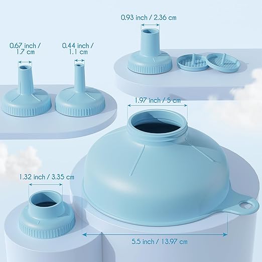 Pisol Wide Mouth Versatile Funnel, Canning Funnels for Kitchen Use, Food Grade Plastic Cooking Funnel Set with 4 Size Spouts and 2 Strainers for Filling Different Bottles and Bags, Blue