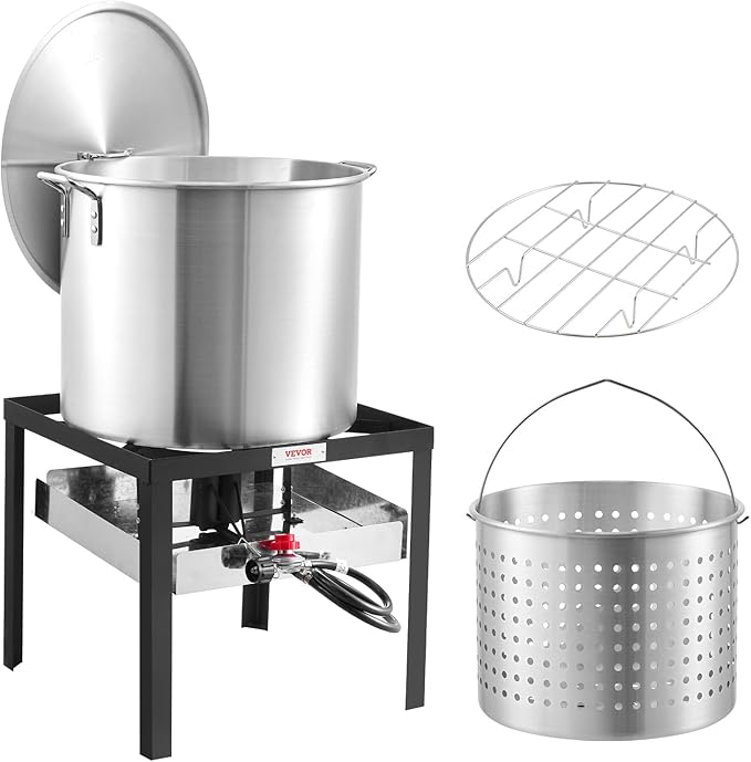VEVOR 60 Qt Seafood Boiling Kit with Strainer, Outdoor Seafood Boil Pot and Basket, Cooking Set for Crab Crawfish Lobster Boiling, Aluminum Stockpot with 100,000 BTUs Propane Burner and Steamer Rack
