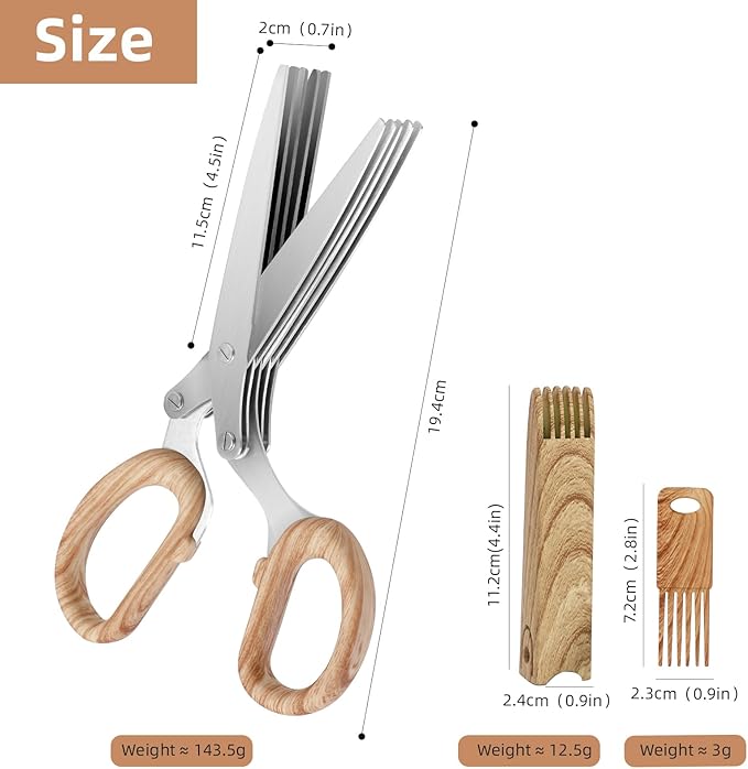 2025 New Herb Scissors Set - Wood Grain Pattern 5 Blades with Cover and Comb - Skin-Friendly Handle, Delicate Grip - Dishwasher Safe, Anti-Rust Stainless Steel for Cutting Fresh Garden Herbs