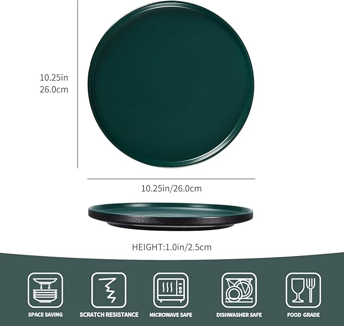 GZG Ceramic Dinner Plates Set of 4,10 Inch Stoneware plate Set,Microwave and Dishwasher Safe Kitchen Utensils,Stackable,Scratch Resistant (Dark Green)