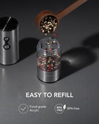 FORLIM Rechargeable Electric Salt and Pepper Grinder Set, Dual-Speed Control, Stainless Steel Automatic Salt & Pepper Mill with Dust Cover, 2 LED Lights, Adjustable Coarseness (2-Pack, Glossy Silver)