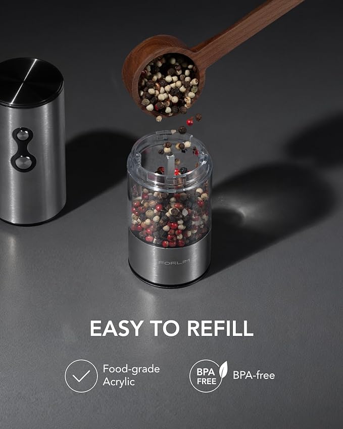 FORLIM Rechargeable Electric Salt and Pepper Grinder Set, Dual-Speed Control, Stainless Steel Automatic Salt & Pepper Mill with Dust Cover, 2 LED Lights, Adjustable Coarseness (2-Pack, Glossy Silver)
