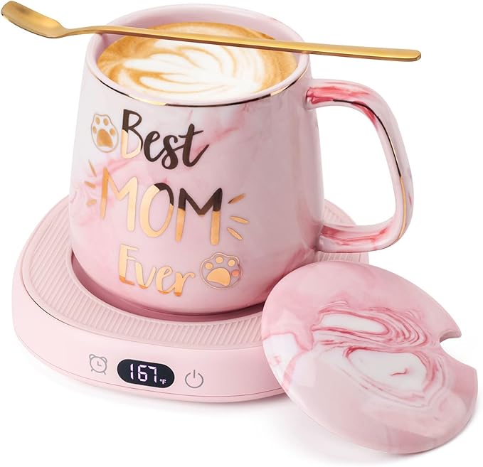 Coffee Mug Warmer & Best MOM Ever Mug Set, Electric Cup Warmer for Desk, Beverage Warmer with 4 Temperature Setting, 8H Auto Shut Off, Mom Gifts from Daughter Son