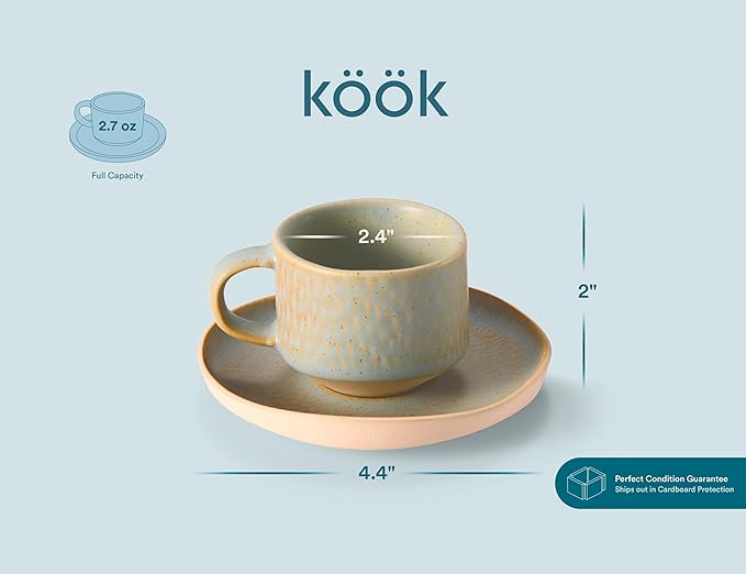 KooK Espresso Mug and Saucer Set, Ceramic Cups and Plates with Rustic Organic Shape and Feathered Texture, Dishwasher and Microwave Safe, 2.7 oz, Set of 4, Neutral Multicolor