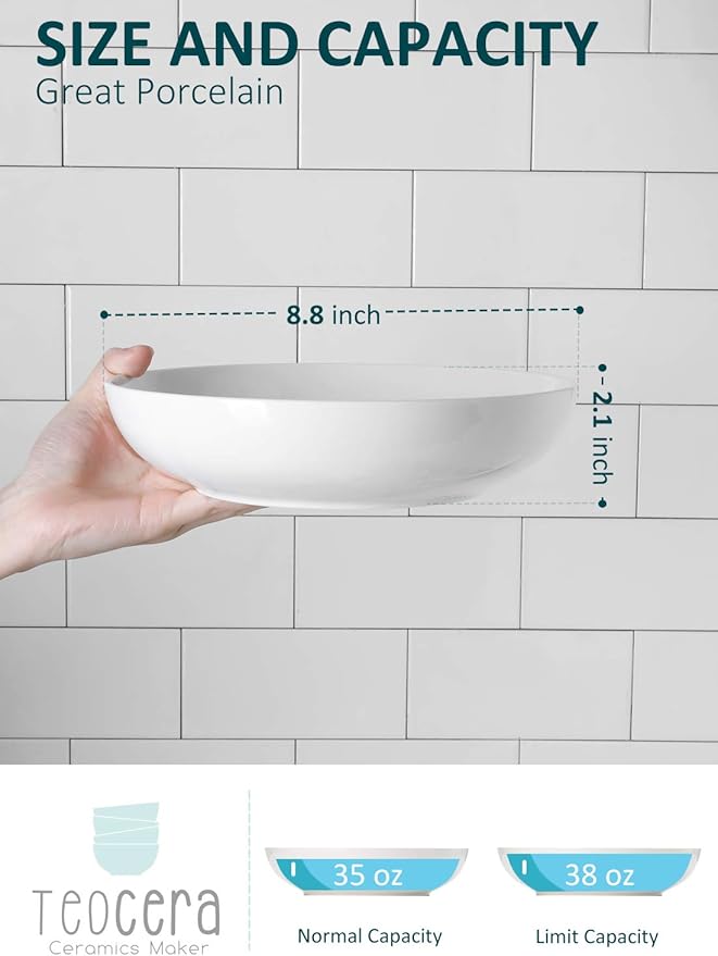 Teocera Pasta Bowls, Large Salad Bowls, Porcelain Bowl Set, Wide and Shallow, Microwave and Dishwasher Safe, 35 Ounce - Set of 4, White