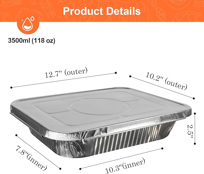 GrillChef Aluminum Foil Pans with Lids, Disposable 9x13 Baking Pans, 25 Pack Tin Foil Holders Half Size for Cake, Steam Table, Cooking, Heating, Storing, Aluminum Trays Heavy Duty