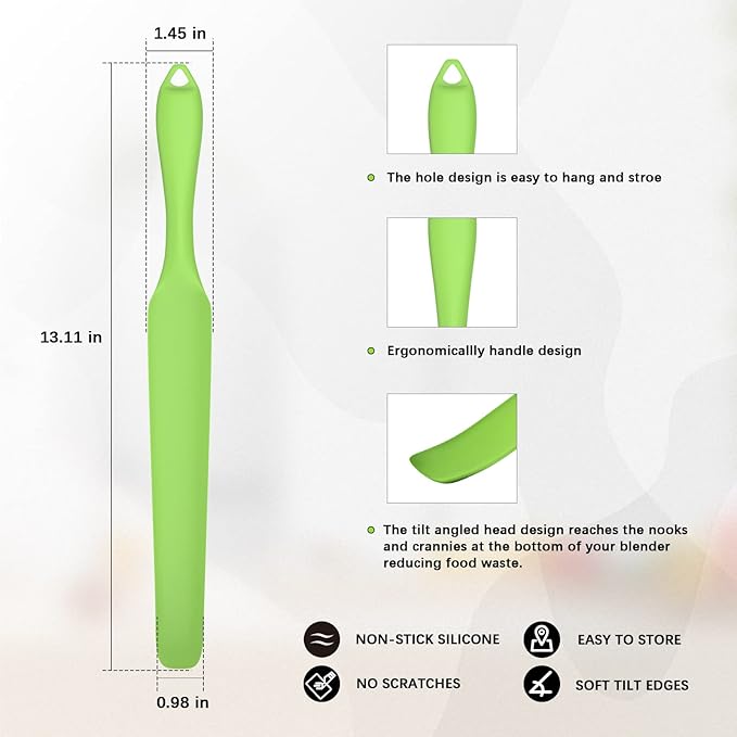 Silicone Blender Spatula for Vitamix Blade Scraper - Easy to Reach Under Blender Blades and Edges, Silicone Rubber Grip with Hanging Holes Reusable (Green)