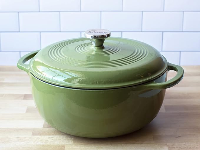 Lodge 6 Quart Enameled Cast Iron Dutch Oven with Lid – Dual Handles – Oven Safe up to 500° F or on Stovetop - Use to Marinate, Cook, Bake, Refrigerate and Serve – Spruce