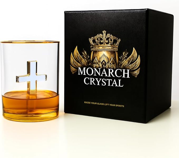 Crucifix Whiskey Glass – Premium Christian Cross Religious Glass, Old Fashioned Glass, Liquor – Luxurious Gold Rim – Home Bar Accessories Ideal for Man Cave, Fun Gift, Christian Gift, Religious Gift