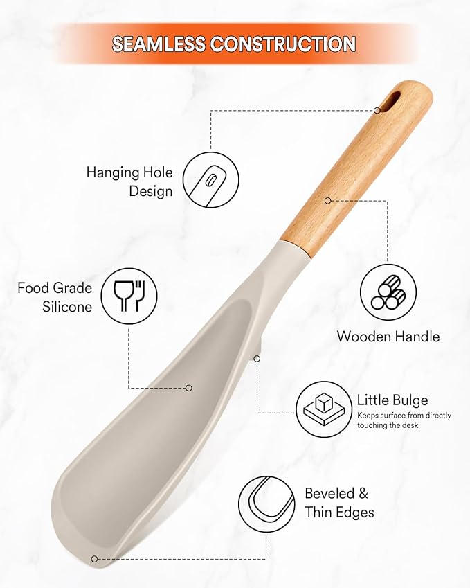 Cooking Spoon for Nonstick Cookwares, Great for Cooking and Serving Sturdy BPA-Free Matte Silicone, Wood Handle Spoon for Mixing, Scoop, and Scrape (Khaki)