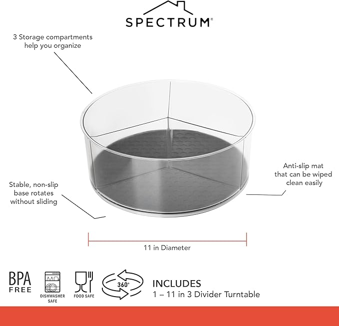 Spectrum Lazy Susan Organizer, Hexa 3 Divider 11" - Lazy Susan Turntable for Cabinet, Refrigerator, Pantry, Table, & Shelf - Rotating & Spinning Pantry Organization - Spice Rack Storage for Fridge
