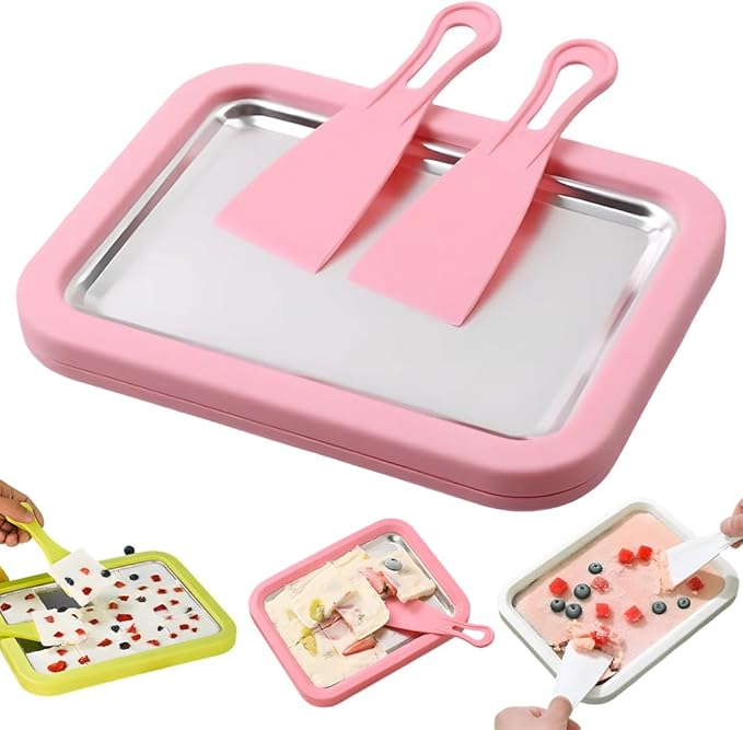 Rolled Ice Cream Maker Kit, At-Home Rolled Ice Cream Machine with Instant Freeze Tray & 2 Scrapers, DIY Rolled Ice Cream Tray for Kids & Adults, Stainless Steel Frozen Dessert Maker (Pink)