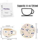 Koythin Ceramic Coffee Mug with Saucer Set, Cute Creative Blueberry Flower Cup Unique Irregular Design for Office and Home, 10 oz/300 ml for Latte Tea Milk
