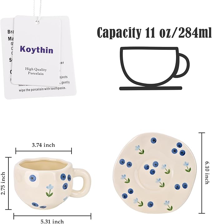 Koythin Ceramic Coffee Mug with Saucer Set, Cute Creative Blueberry Flower Cup Unique Irregular Design for Office and Home, 10 oz/300 ml for Latte Tea Milk