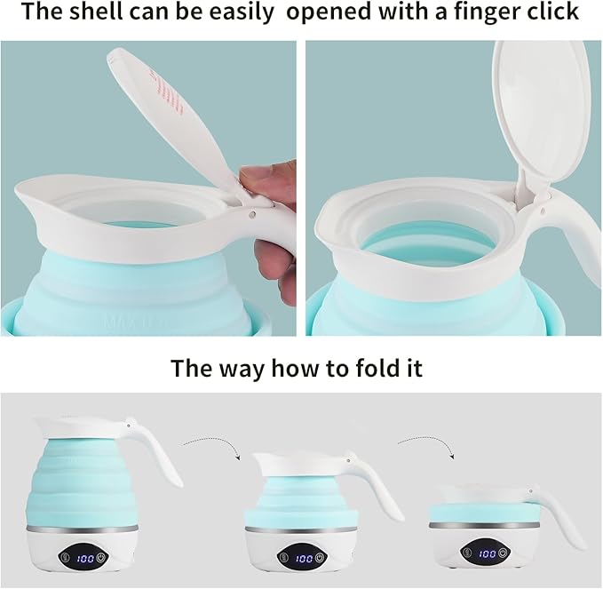 Collapsible Travel Kettle Electric Portable Foldable Kettle for Boiling Water, Suitable for 110V & 220V Dual Voltage, for Tea & Coffee, 850W Small Mini BPA-free Silicone Blue electric kettle