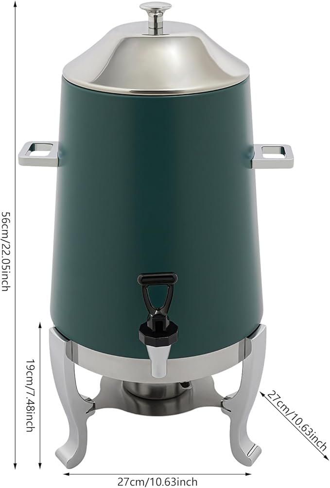 Coffee Urn with Fuel Holder 3.5 Gal/13L, Stainless Steel Beverage Dispenser Hot Drink Dispenser with Stand, Tea Water Coffee Chafer Urn for Parties Buffet Catering Commercial Home (Silver, Green)