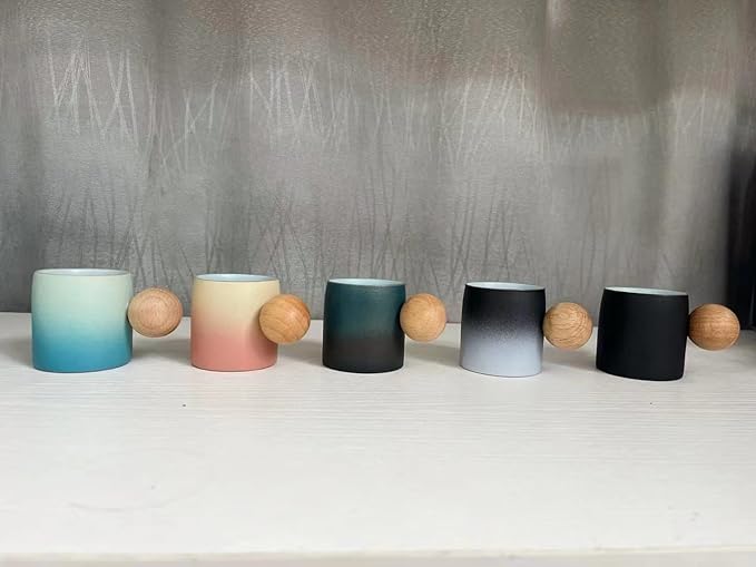 2-Oz Ceramic Espresso Cups with Wood Handle, 2/4-Piece Set for Coffee, Tea, Latte - Dishwasher Safe, Multi-Color & Wood Styles, Gift & Café Use (color4, Round Handle4)