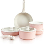 GOURMETIFIC® Pots and Pans Cookware Set [11 PIECES] - Non Toxic Ceramic Coated Cooking Ware - Induction, Gas & Oven Kitchenware - Non Stick Pot & Pan with Removable Handles & Stackable (Blush Pink)