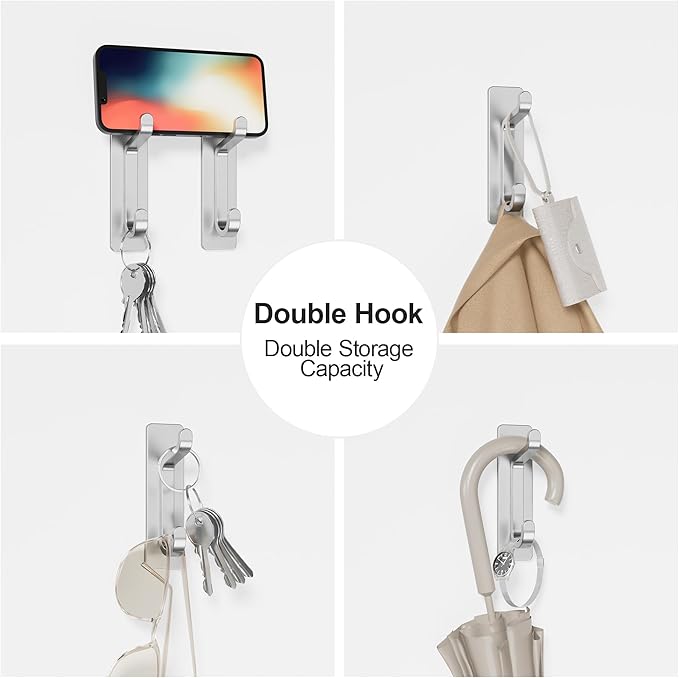 pickpiff Wall Hooks for Coat and Towel: 13LB Adhesive Door Hanger Stick on, Silver 4 Pack