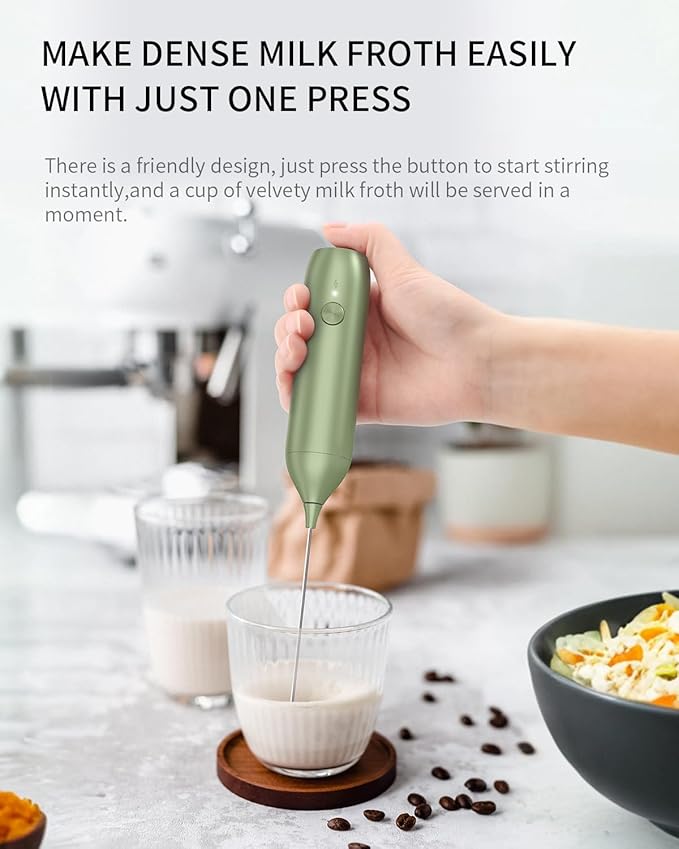CIRCLE JOY Rechargeable Milk Frother Handheld with Stand, Coffee Frother Wand Drink Mixer with Dual Spring Whisk for Coffee, Cappuccino, Lattes, Frappe, Matcha and Hot Chocolate, Green
